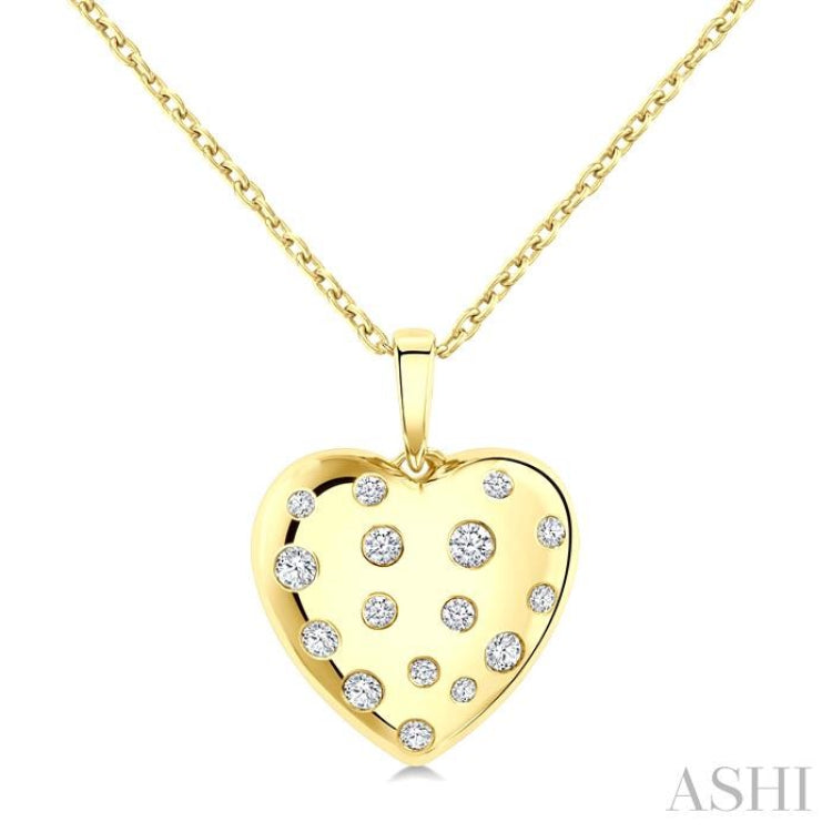 1/6 Ctw Bold Puffed Heart Round Cut Diamond Sprinkled Fashion Pendant With Chain in 10K Yellow Gold