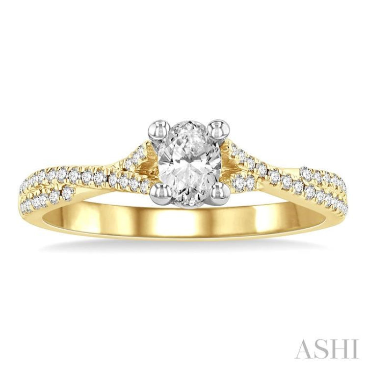1/2 Ctw Split Criss Cross Round & Oval Cut Diamond Engagement Ring With 1/3 Ctw Oval Cut Center Stone in 14K Yellow and White Gold