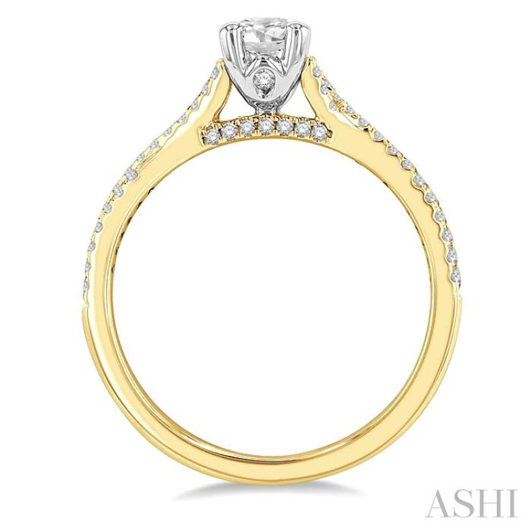 1/2 Ctw Split Criss Cross Round & Oval Cut Diamond Engagement Ring With 1/3 Ctw Oval Cut Center Stone in 14K Yellow and White Gold