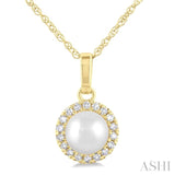 5 MM White Cultured Pearl and 1/20 ctw Single Cut Diamond Halo Pendant With Chain in 10K Yellow Gold