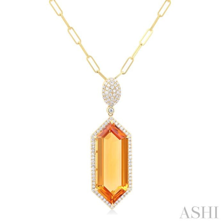 26x10 MM Hexagon Shape Citrine and 1/2 ctw Round Cut Diamond Halo Semi-Precious Pendant With Chain in 14K Yellow Gold
