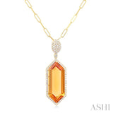 26x10 MM Hexagon Shape Citrine and 1/2 ctw Round Cut Diamond Halo Semi-Precious Pendant With Chain in 14K Yellow Gold
