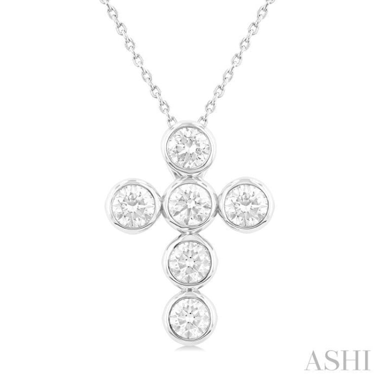 2 ctw Round Cut Diamond 6-Stone Bezel Set Cross Pendant With Chain in 14K White Gold