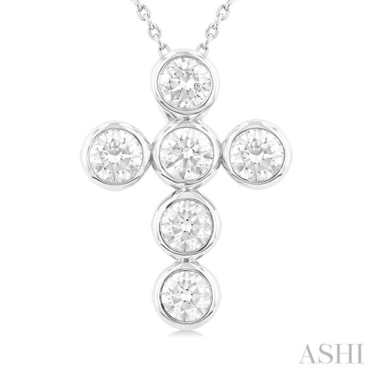 2 ctw Round Cut Diamond 6-Stone Bezel Set Cross Pendant With Chain in 14K White Gold