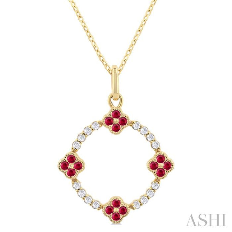 1.25 MM Clover Circle Ruby and 1/8 ctw Round Cut Diamond Precious Pendant With Chain in 10K Yellow Gold