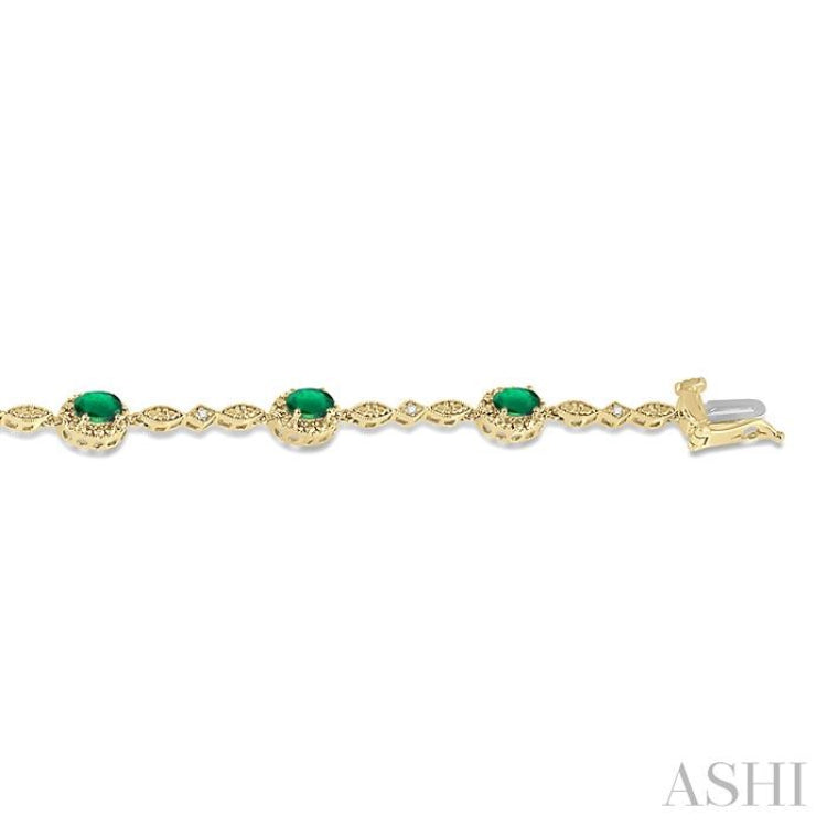 5x3 MM Oval Cut Emerald and 1/20 ctw Single Cut Diamond Bracelet in 10K Yellow Gold