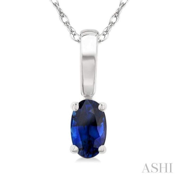 5X3 MM Oval Shape Sapphire Precious Solitaire Pendant With Chain in 14K White Gold