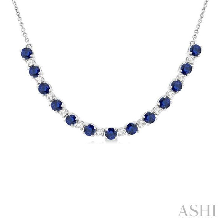 3.5 MM Round Shape Sapphire and 1/2 Ctw Round Cut Diamond Precious Tennis Necklace in 14K White Gold