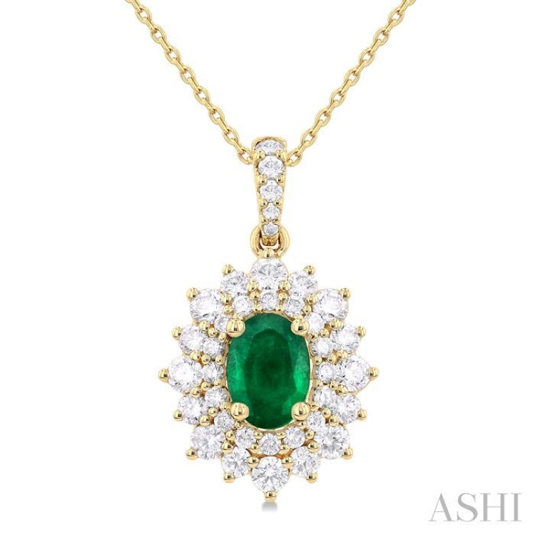 7x5 MM Oval Cut Emerald and 3/4 ctw Round Cut Diamond Precious Pendant With Chain in 14K Yellow Gold