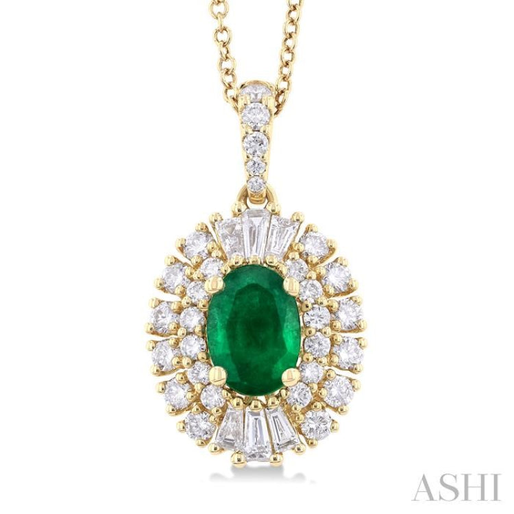7x5 MM Oval Cut Emerald and 5/8 ctw Baguette & Round Cut Diamond Precious Pendant With Chain in 14K Yellow Gold