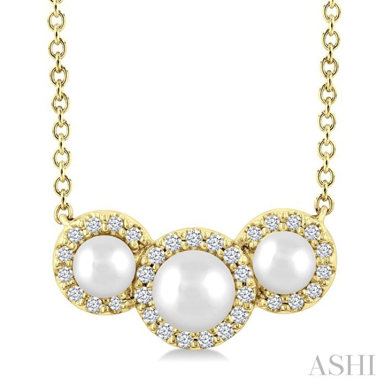1/8 Ctw Past Present and Future 4 MM & 3 MM Cultured Pearl and Round Cut Diamond Halo Pendant With Chain in 14K Yellow Gold