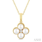 4 MM Clover Cultured Pearl and 1/50 ctw Round Cut Diamond Fashion Pendant With Chain in 10K Yellow Gold
