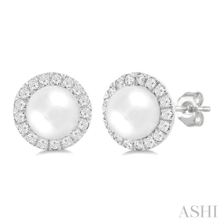 6 MM White Cultured Pearl and 1/4 Ctw Round Cut Diamond Halo Stud Earrings in 14K White Gold