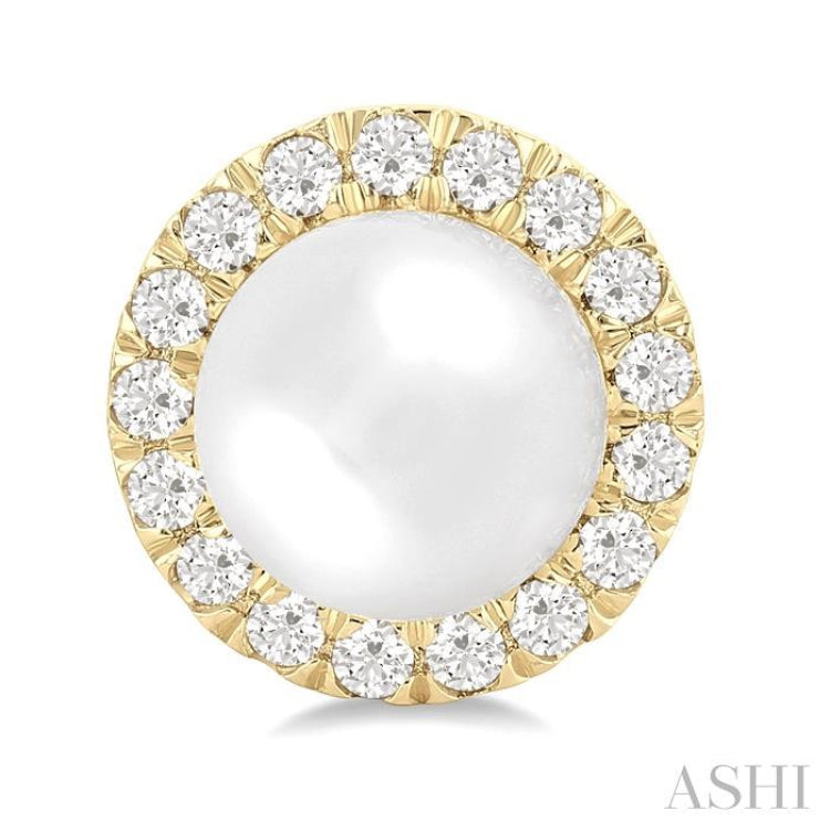 6 MM White Cultured Pearl and 1/4 Ctw Round Cut Diamond Halo Stud Earrings in 10K Yellow Gold
