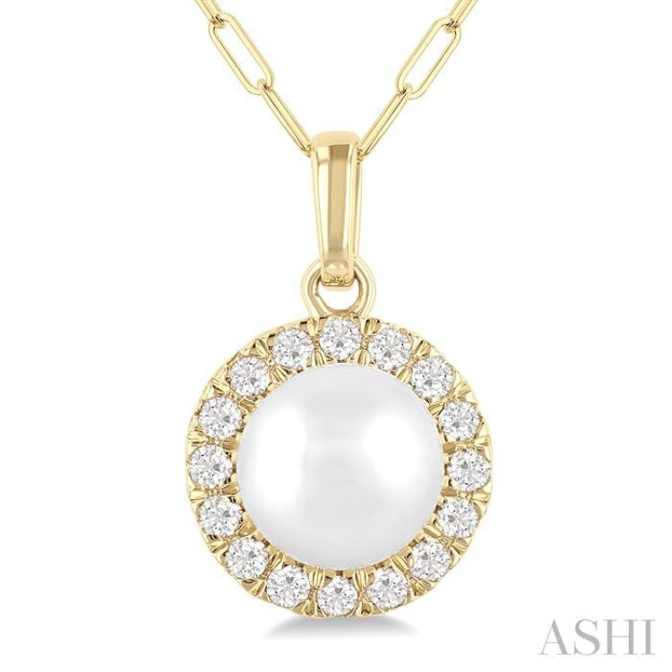 6 MM Cultured White Pearl and 1/6 Ctw Round Cut Diamond Halo Pendant With Chain in 14K Yellow Gold