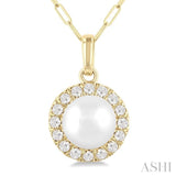 6 MM Cultured White Pearl and 1/6 Ctw Round Cut Diamond Halo Pendant With Chain in 14K Yellow Gold