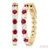 2.4 MM Round Cut Rubby and 5/8 ctw Round Cut Diamond Precious Hoop Earring in 14K Yellow Gold