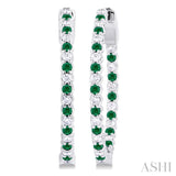 1.6 MM Round Emerald and 1/2 ctw Round Cut Diamond Inside & Outside Alternating Precious Hoop Earrings in 14K White Gold