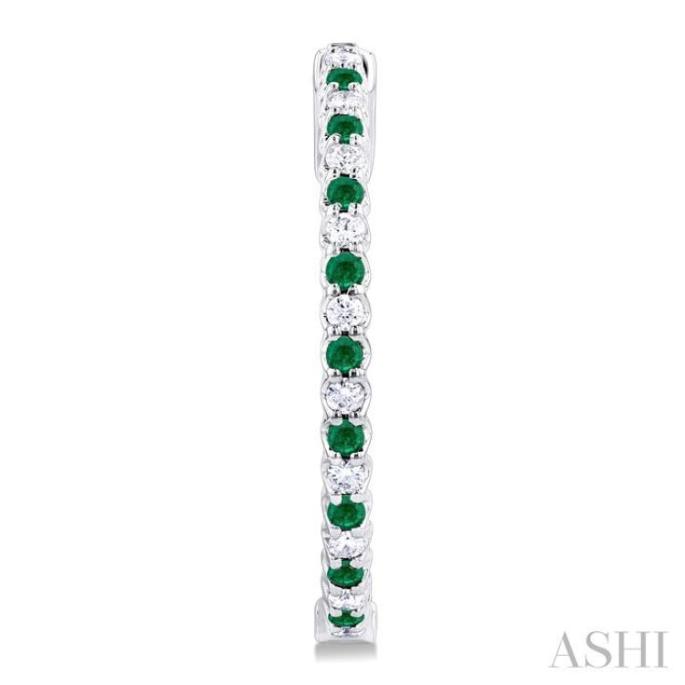 1.6 MM Round Emerald and 1/2 ctw Round Cut Diamond Inside & Outside Alternating Precious Hoop Earrings in 14K White Gold
