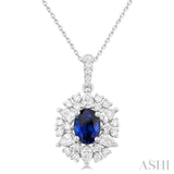 7x5 MM Oval Cut Sapphire and 3/4 ctw Pear & Round Cut Diamond Halo Precious Pendant With Chain in 14K White Gold