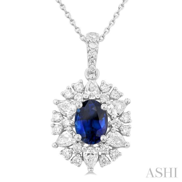 7x5 MM Oval Cut Sapphire and 3/4 ctw Pear & Round Cut Diamond Halo Precious Pendant With Chain in 14K White Gold