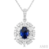 7x5 MM Oval Cut Sapphire and 3/4 ctw Pear & Round Cut Diamond Halo Precious Pendant With Chain in 14K White Gold