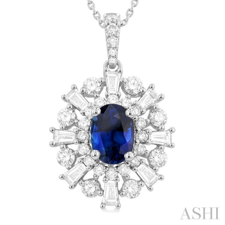 7x5 MM Oval Cut Sapphire and 1 ctw Baguette & Round Cut Diamond Halo Precious Pendant With Chain in 14K White Gold