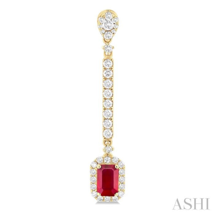 6x4 MM Emerald Cut Ruby and 7/8 ctw Round Cut Diamond Halo Precious Earrings in 14K Yellow Gold
