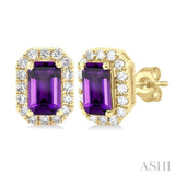 5x3 MM Octagonal Shape Amethyst and 1/8 ctw Single Cut Diamond Halo Semi Precious Stud Earrings in 14K Yellow Gold