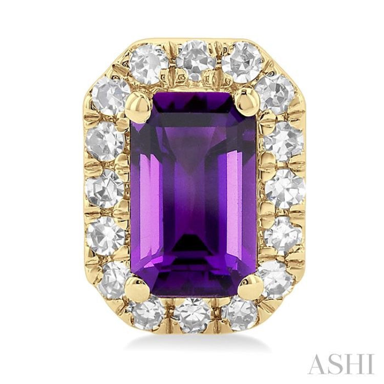 5x3 MM Octagonal Shape Amethyst and 1/8 ctw Single Cut Diamond Halo Semi Precious Stud Earrings in 14K Yellow Gold