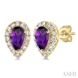 5x3 MM Pear Shape Amethyst and 1/8 ctw Single Cut Diamond Halo Semi Precious Stud Earrings in 14K Yellow Gold