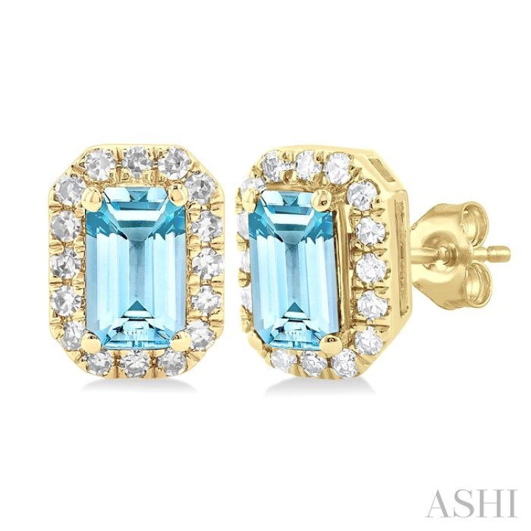5x3 MM Octagonal Shape Aquamarine and 1/8 ctw Single Cut Diamond Halo Semi Precious Stud Earrings in 14K Yellow Gold