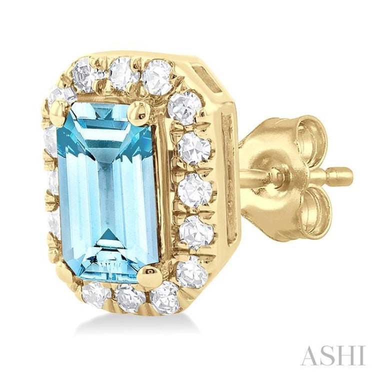 5x3 MM Octagonal Shape Aquamarine and 1/8 ctw Single Cut Diamond Halo Semi Precious Stud Earrings in 14K Yellow Gold