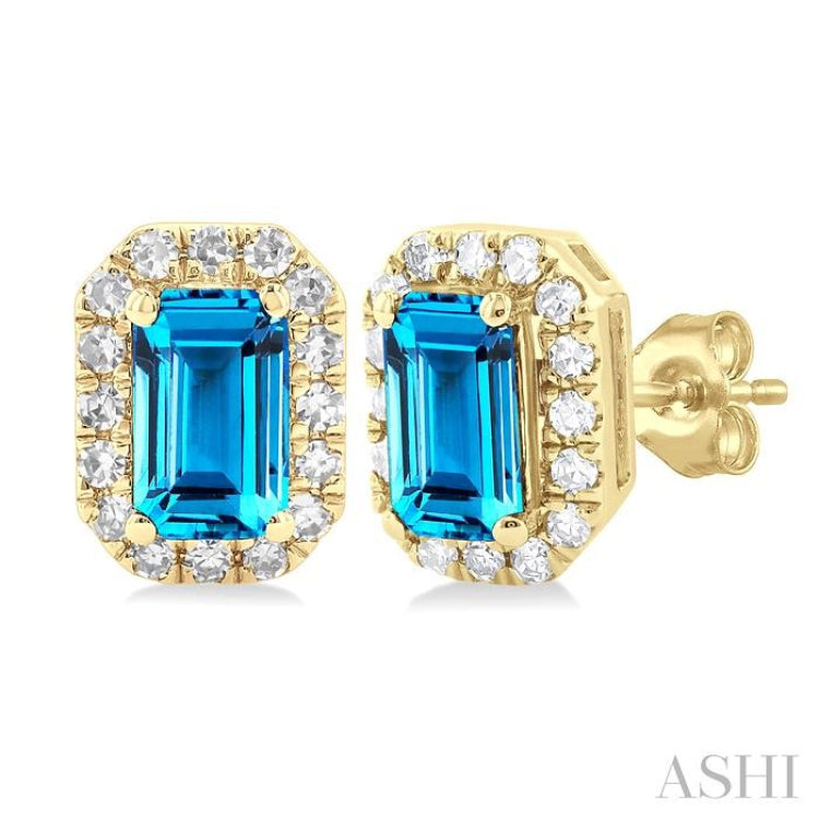 5x3 MM Octagonal Shape Blue Topaz and 1/8 ctw Single Cut Diamond Halo Semi Precious Stud Earrings in 14K Yellow Gold