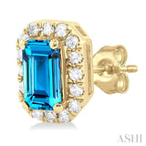 5x3 MM Octagonal Shape Blue Topaz and 1/8 ctw Single Cut Diamond Halo Semi Precious Stud Earrings in 14K Yellow Gold