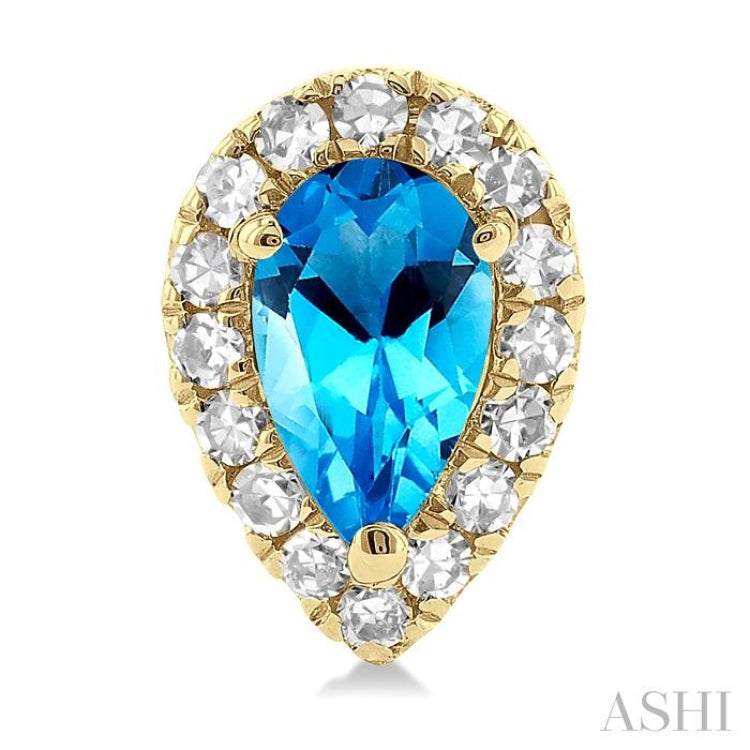 5x3 MM Pear Shape Blue Topaz and 1/8 ctw Single Cut Diamond Halo Semi Precious Stud Earrings in 14K Yellow Gold