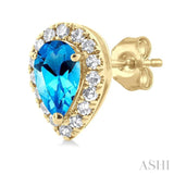 5x3 MM Pear Shape Blue Topaz and 1/8 ctw Single Cut Diamond Halo Semi Precious Stud Earrings in 14K Yellow Gold