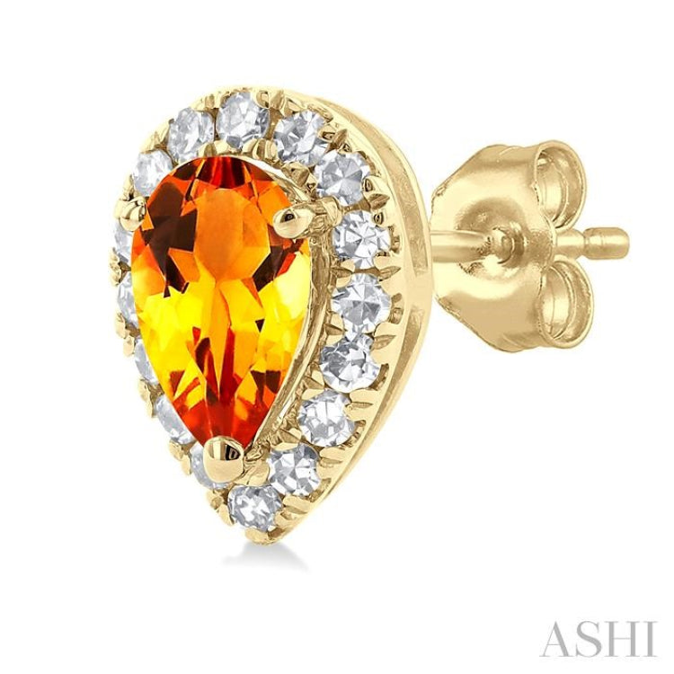 5x3 MM Pear Shape Citrine and 1/8 ctw Single Cut Diamond Halo Semi Precious Stud Earrings in 14K Yellow Gold