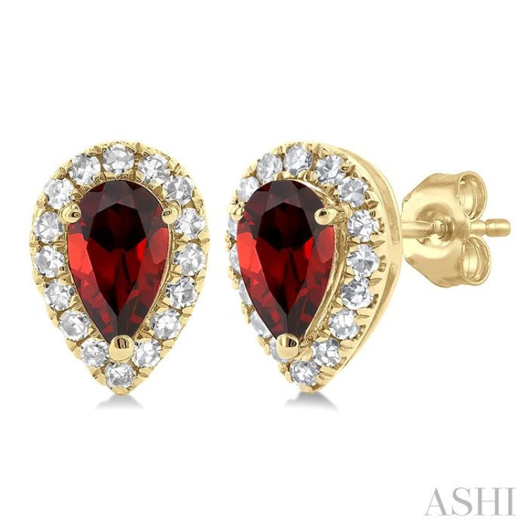 5x3 MM Pear Shape Garnet and 1/8 ctw Single Cut Diamond Halo Semi Precious Stud Earrings in 14K Yellow Gold