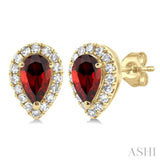 5x3 MM Pear Shape Garnet and 1/8 ctw Single Cut Diamond Halo Semi Precious Stud Earrings in 14K Yellow Gold