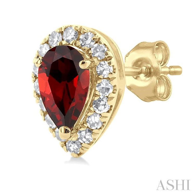 5x3 MM Pear Shape Garnet and 1/8 ctw Single Cut Diamond Halo Semi Precious Stud Earrings in 14K Yellow Gold