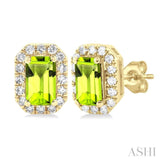 5x3 MM Octagonal Shape Peridot and 1/8 ctw Single Cut Diamond Halo Semi Precious Stud Earrings in 14K Yellow Gold