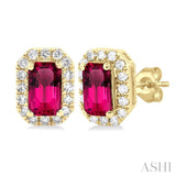 5x3 MM Octagonal Shape Pink Tourmaline and 1/8 ctw Single Cut Diamond Halo Semi Precious Stud Earrings in 14K Yellow Gold