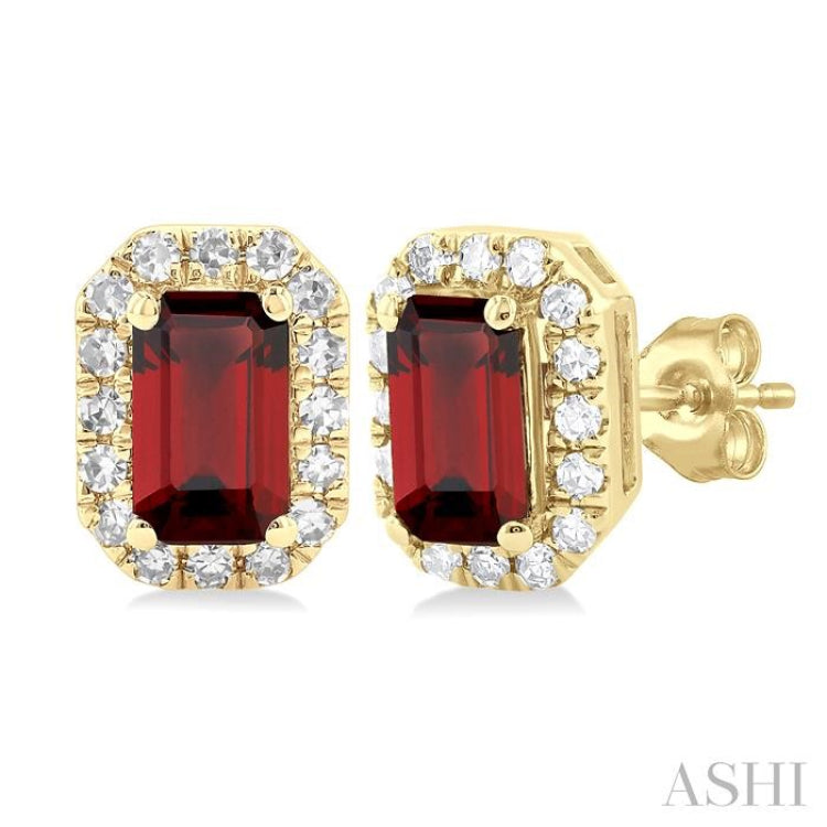 5x3 MM Octagonal Shape Garnet and 1/8 ctw Single Cut Diamond Halo Semi Precious Stud Earrings in 10K Yellow Gold