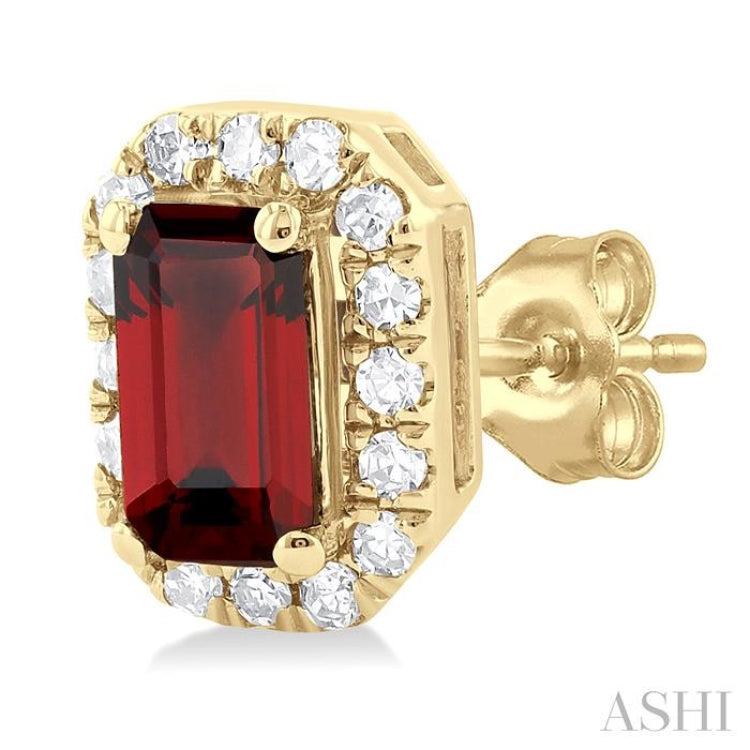 5x3 MM Octagonal Shape Garnet and 1/8 ctw Single Cut Diamond Halo Semi Precious Stud Earrings in 10K Yellow Gold