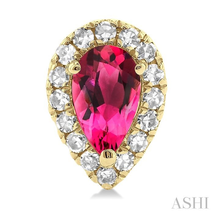 5x3 MM Pear Shape Pink Tourmaline and 1/8 ctw Single Cut Diamond Halo Semi Precious Stud Earrings in 14K Yellow Gold