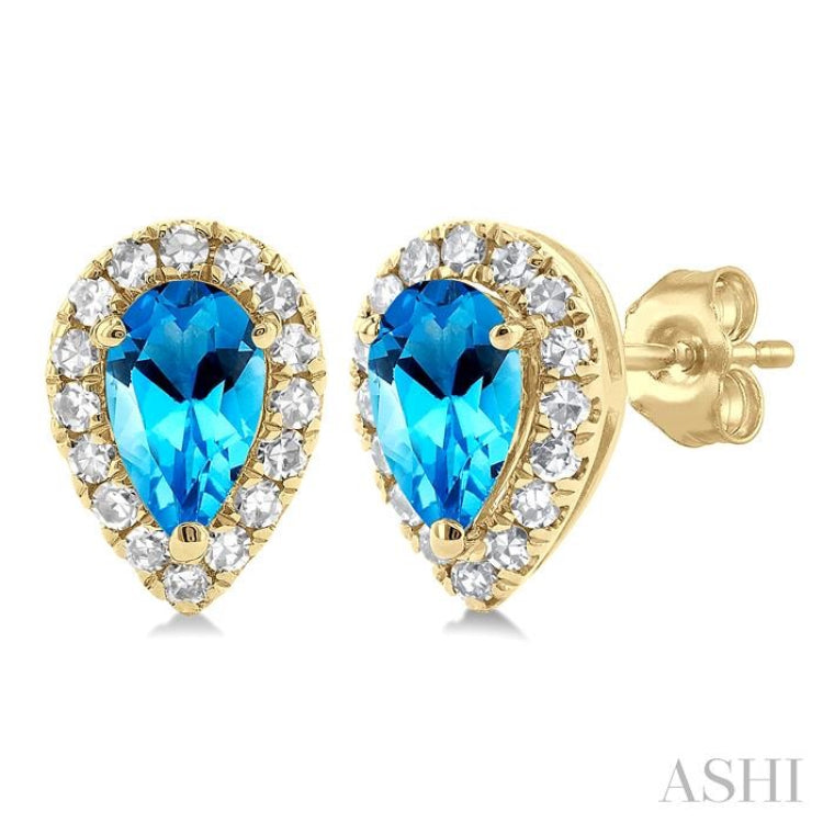 5x3 MM Pear Shape Blue Topaz and 1/8 ctw Single Cut Diamond Halo Semi Precious Stud Earrings in 10K Yellow Gold