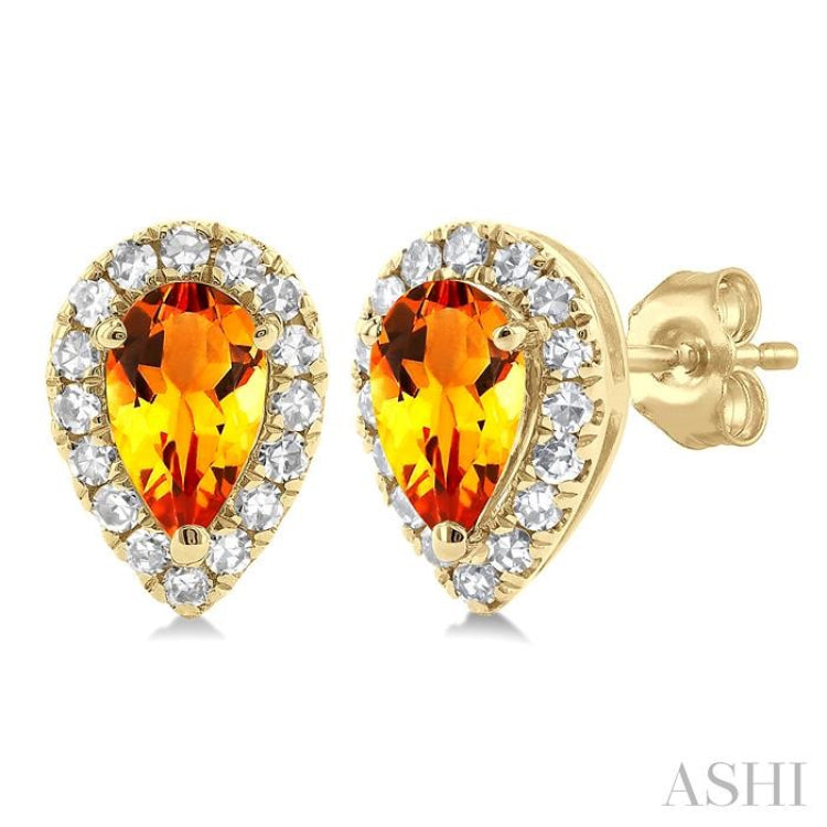 5x3 MM Pear Shape Citrine and 1/8 ctw Single Cut Diamond Halo Semi Precious Stud Earrings in 10K Yellow Gold