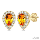 5x3 MM Pear Shape Citrine and 1/8 ctw Single Cut Diamond Halo Semi Precious Stud Earrings in 10K Yellow Gold