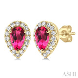 5x3 MM Pear Shape Pink Tourmaline and 1/8 ctw Single Cut Diamond Halo Semi Precious Stud Earrings in 10K Yellow Gold